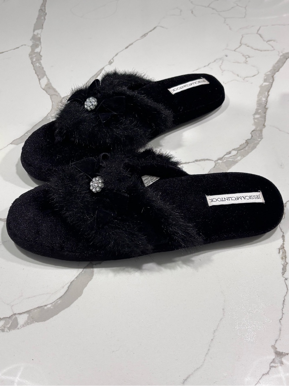Jessica McClintock Black Faux Fur Slide Slippers Jeweled Accent Size XL 9.5-10.5